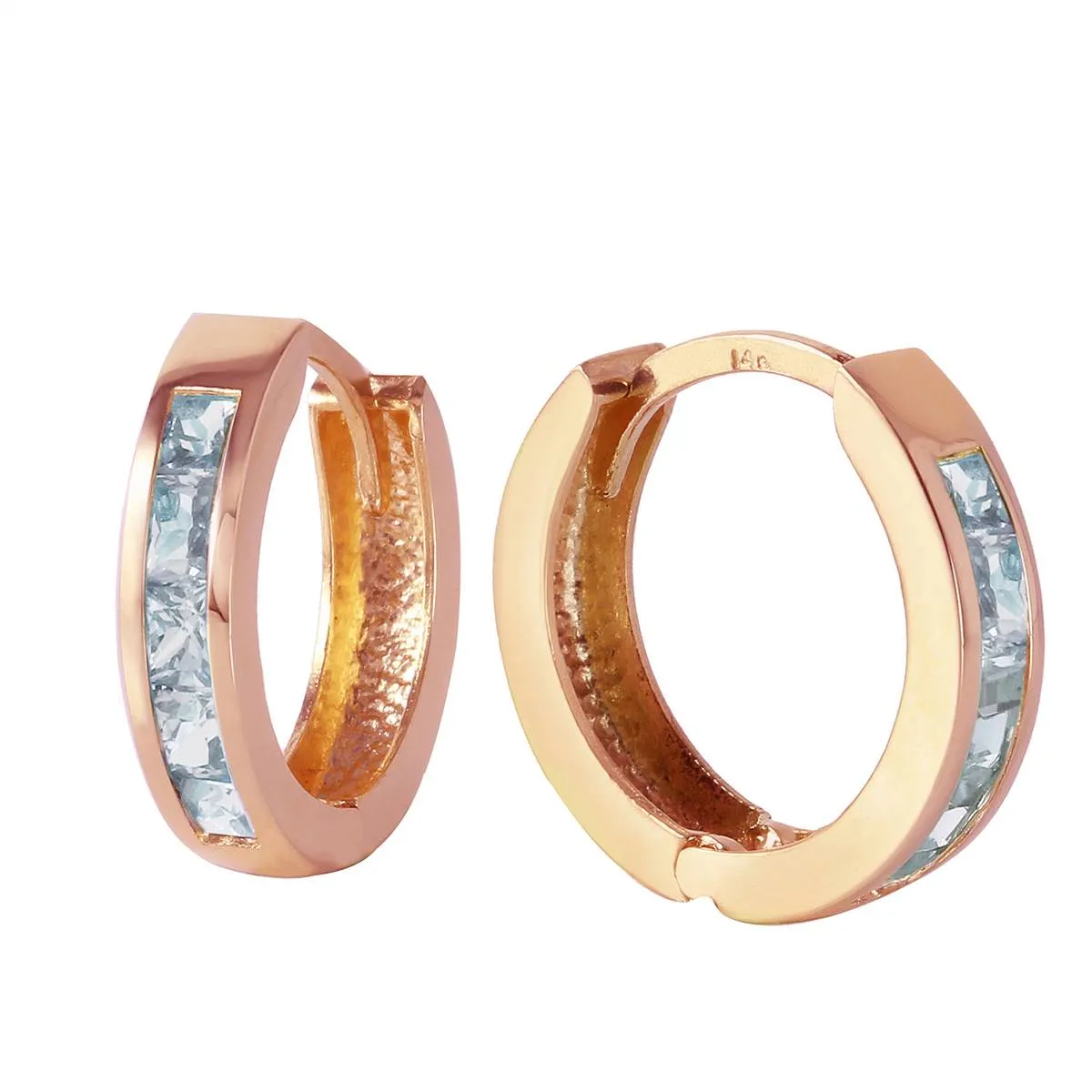 0.85 Carat 14K Solid Rose Gold Hoop Huggie Earrings Aquamarine