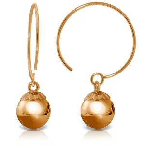 14K Solid Rose Gold Circle Wire Earrings w/ Ball Dangling