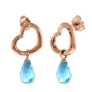 14K Solid Rose Gold Heart Earrings w/ Dangling Natural Blue Topaz