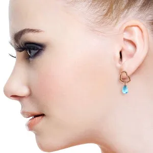 14K Solid Rose Gold Heart Earrings w/ Dangling Natural Blue Topaz