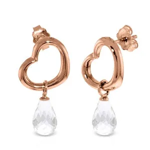 14K Solid Rose Gold Heart Earrings w/ Dangling Natural White Topaz