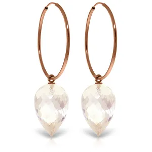 14K Solid Rose Gold Hoop Earrings w/ Pointy Briolette Drop White Topaz