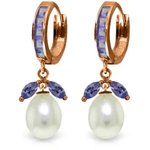 14K Solid Rose Gold Hoop Earrings w/ Tanzanites & Pearls