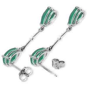 14K Solid White Gold Diamonds & Emeralds Dangling Earrings