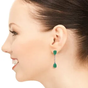 14K Solid White Gold Diamonds & Emeralds Dangling Earrings