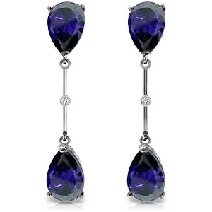 14K Solid White Gold Diamonds & Sapphires Dangling Earrings