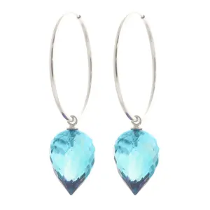 14K Solid White Gold Hoop Earrings w/ Pointy Briolette Drop Blue Topaz