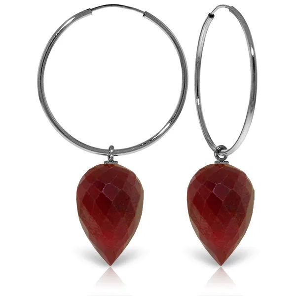 14K Solid White Gold Hoop Earrings w/ Pointy Briolette Drop Dyed Rubies