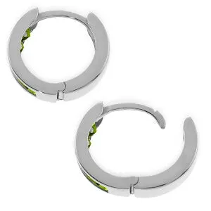 14K Solid White Gold Hoop Huggie Earrings w/ Peridots