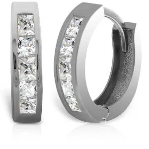 14K Solid White Gold Hoop Huggie Earrings w/ Princess Cut Diamonds