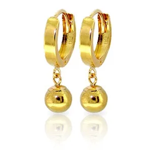 14K Solid Yellow Gold Hoop Earrings Ball Dangling