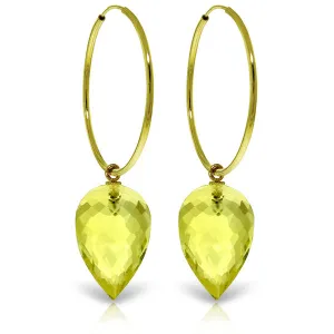 14K Solid Yellow Gold Hoop Earrings w/ Pointy Briolette Drop Lemon Quartz