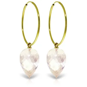 14K Solid Yellow Gold Hoop Earrings w/ Pointy Briolette Drop White Topaz