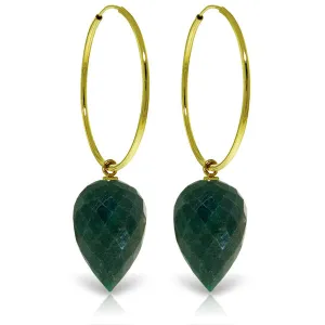 14K Solid Yellow Gold Hoop Earrings w/ Pointy Briolette Emerald Color Corundum