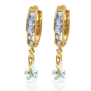 2.95 Carat 14K Solid Yellow Gold Hoops Earrings Aquamarine