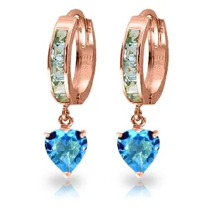 4.1 Carat 14K Solid Rose Gold Hoop Blue Topaz Heart Drop Earrings