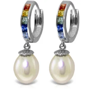 9.3 Carat 14K Solid White Gold Hoop Earrings Multicolor Sapphire Pearl