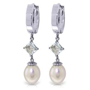 9.5 Carat 14K Solid White Gold Hoop Earrings Natural Pearl Aquamarine