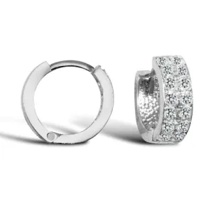 9ct White Gold Double Row Grain-Set Round CZ Huggie Hoop Earrings 4mm