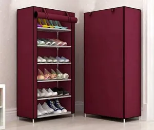 A&D 6-Shelves Shoe Rack/Multipurpose Storage Rack with Dustproof Cover | Maroon