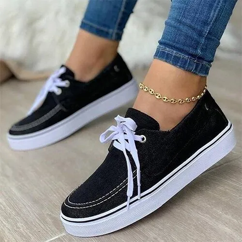 Amozae-Back to school  Women Lace Up Sneakers Women's Sports Flats Women Casual Vulcanized Ladies Comfortable Brogue Canvas Denim Shoes Plus Size