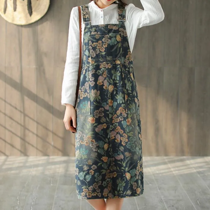 Artsy Floral Denim Overall Dress