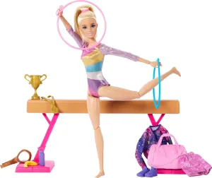 Barbie Gymnastics Doll & Accessories Playset with Blonde Fashion Doll, C-Clip for Flipping Action, Balance Beam, Warm-Up Suit & More for Kids Ages 3 