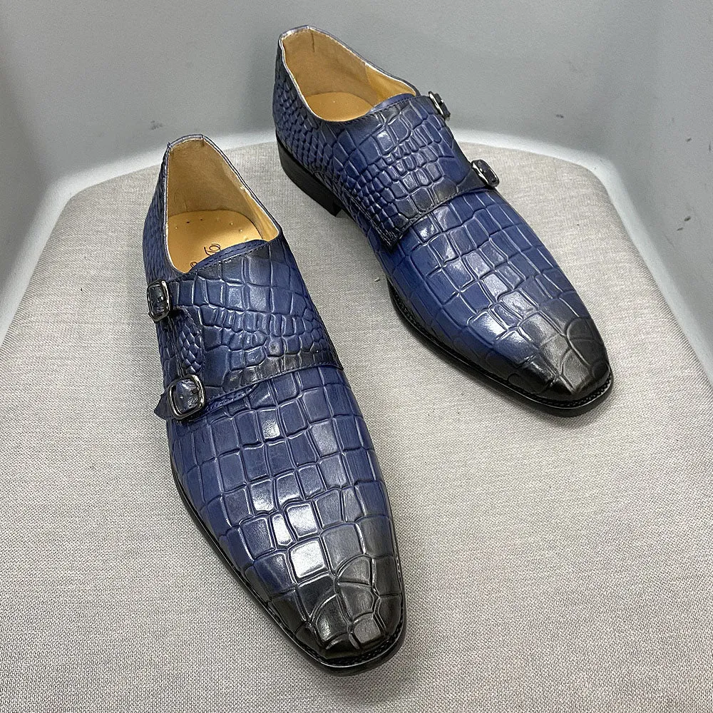 Blue Gradient Crocodile Pattern Monk Shoes