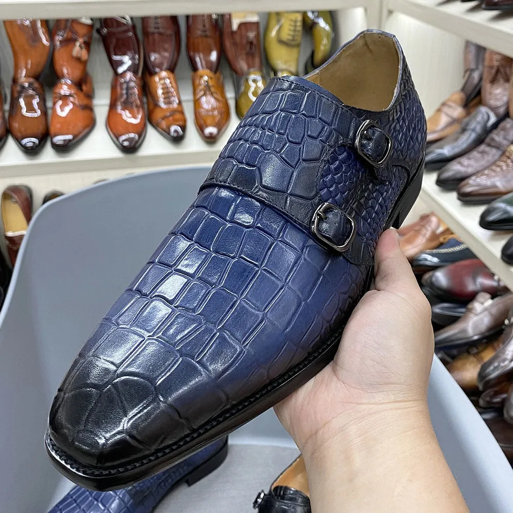 Blue Gradient Crocodile Pattern Monk Shoes