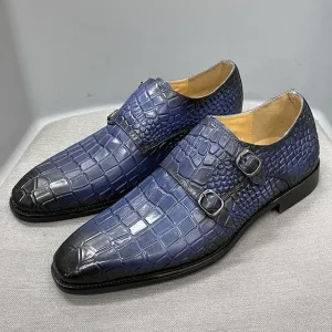 Blue Gradient Crocodile Pattern Monk Shoes