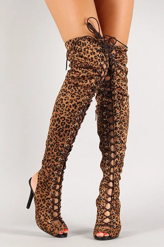 Breckelle Leopard Lace Up Back Cut Out Over-The-Knee Boot