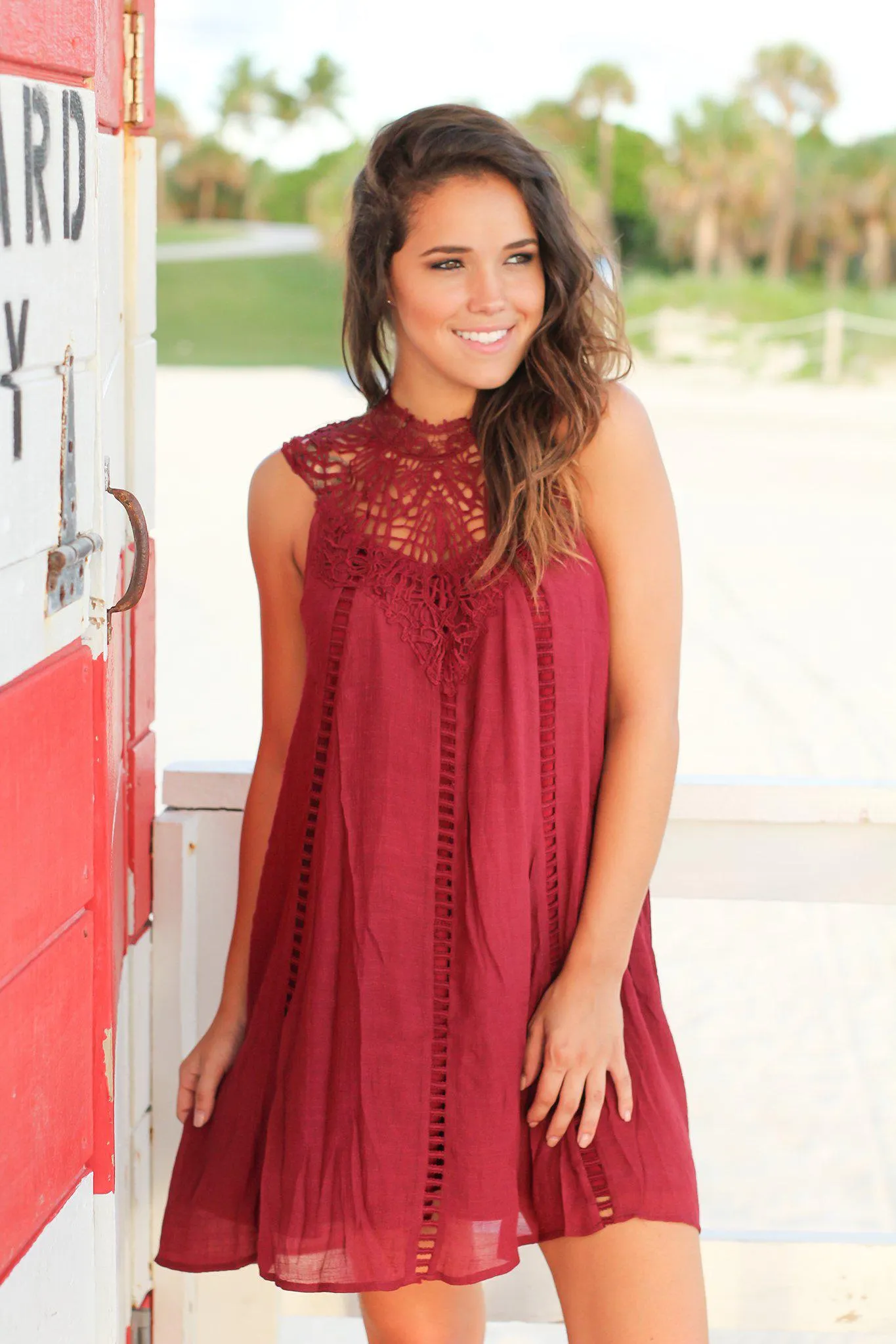 Burgundy Crochet Short Dress with Cut Out Detail