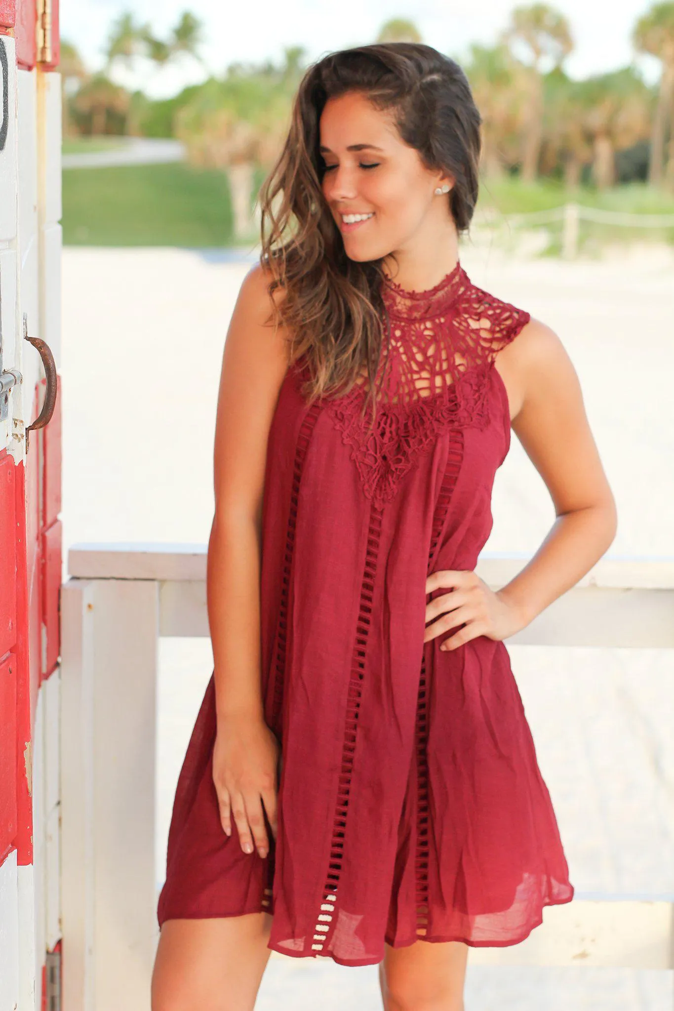 Burgundy Crochet Short Dress with Cut Out Detail