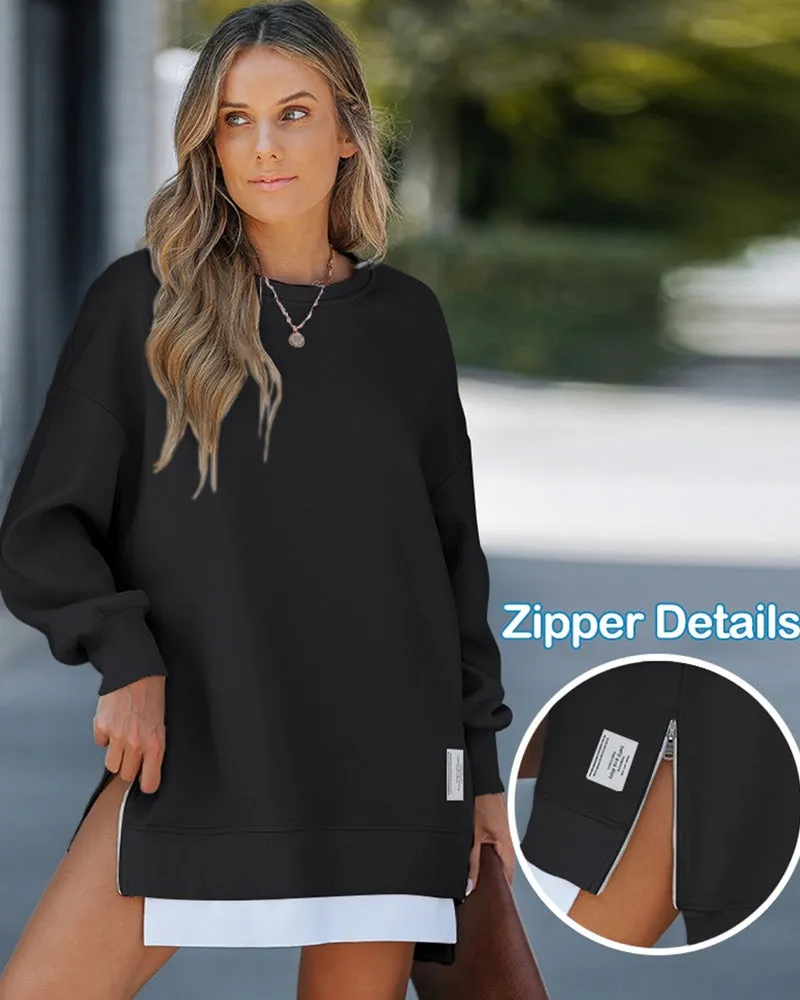 Casual Long Sleeve Zipper Slit Oversized Sweatshirt