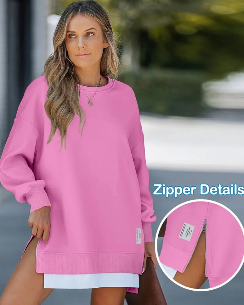 Casual Long Sleeve Zipper Slit Oversized Sweatshirt