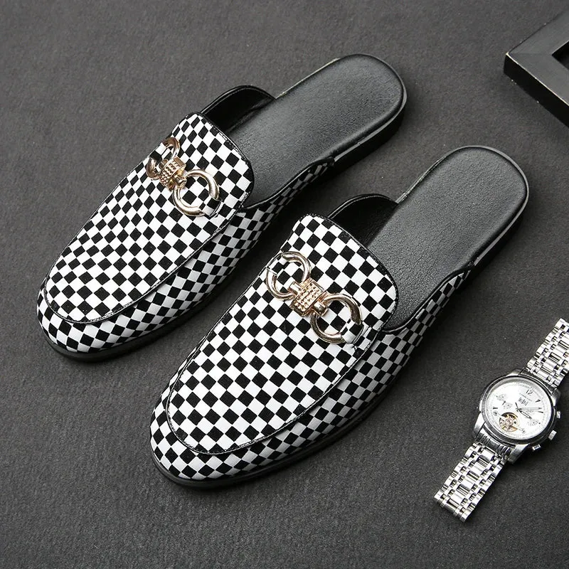 Checkered Pattern Appliques Mules Shoes