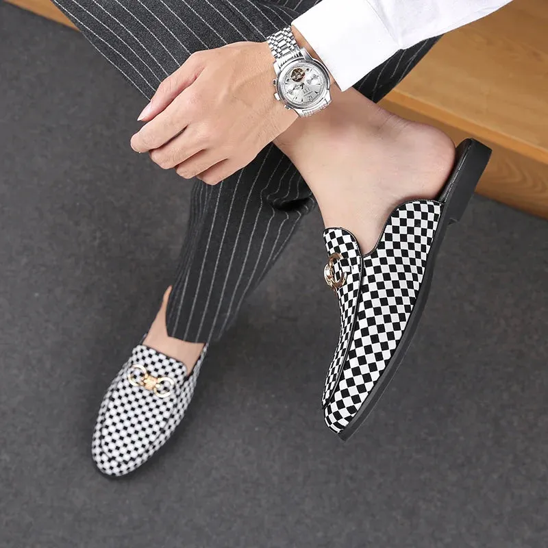 Checkered Pattern Appliques Mules Shoes