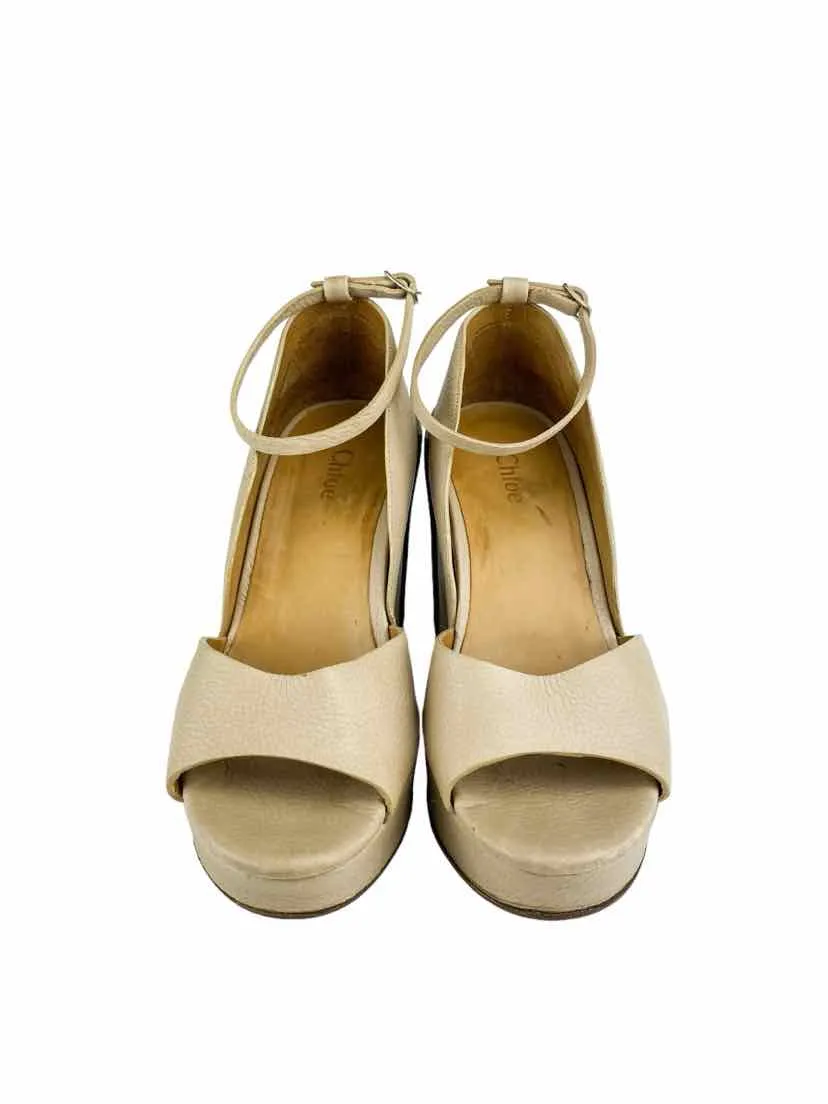 Chloe Women's Leather Covered Wedge Peep Toe Sand Size 7