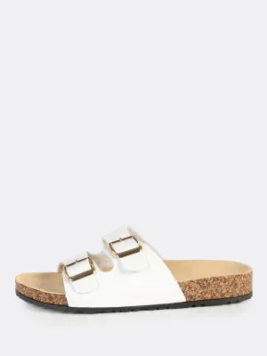 Double Buckle Leather Slides WHITE