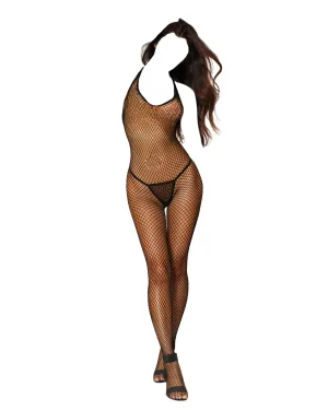 Dreamgirl Diamond-Net Halter Bodystocking with Open Crotch Black One Size