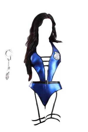 Fantasy Lingerie Play House Arrest Policewoman Halter Teddy with Leg Garters Costume Blue