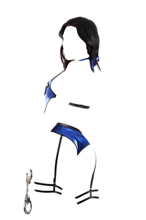 Fantasy Lingerie Play House Arrest Policewoman Halter Teddy with Leg Garters Costume Blue