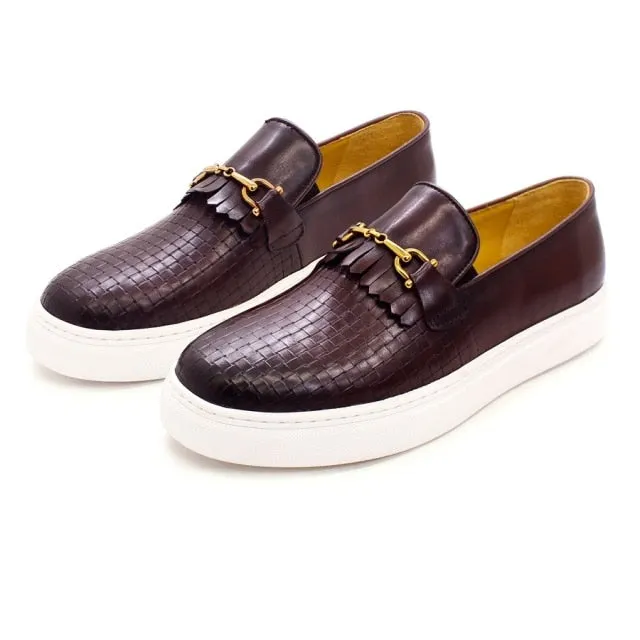 Gingham Metal Deco Leather Pattern Loafer Shoes