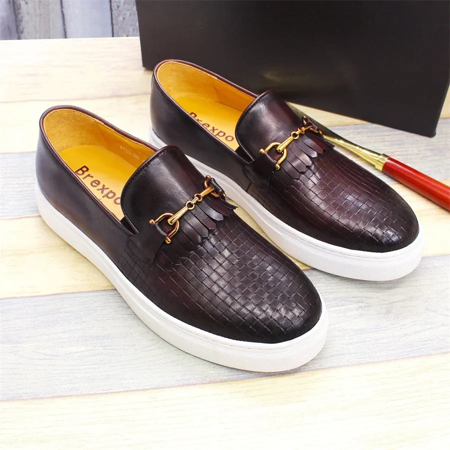 Gingham Metal Deco Leather Pattern Loafer Shoes