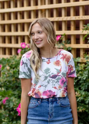 Ivory Round Neck Basic Floral Tee