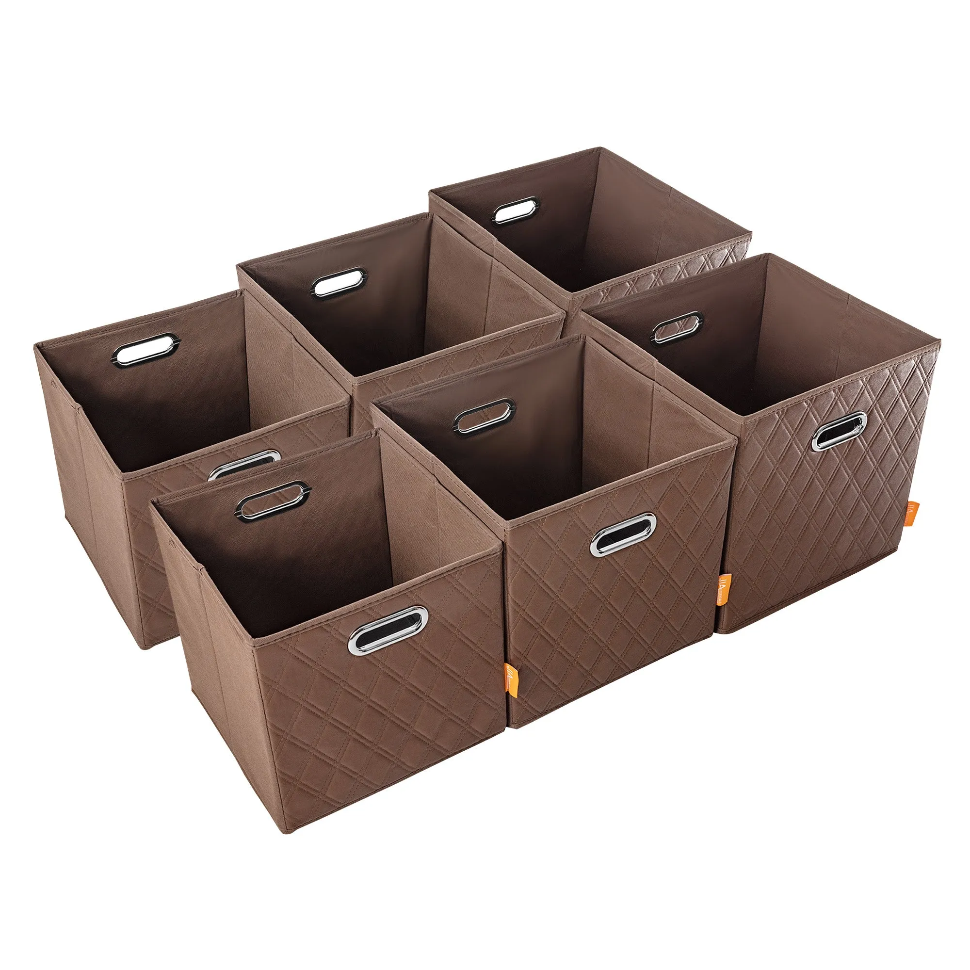 JIAessentials 11 inch Foldable Diamond Patterned Faux Leather Storage Cube Bins Set of Two with Dual Handles - 11" Brown