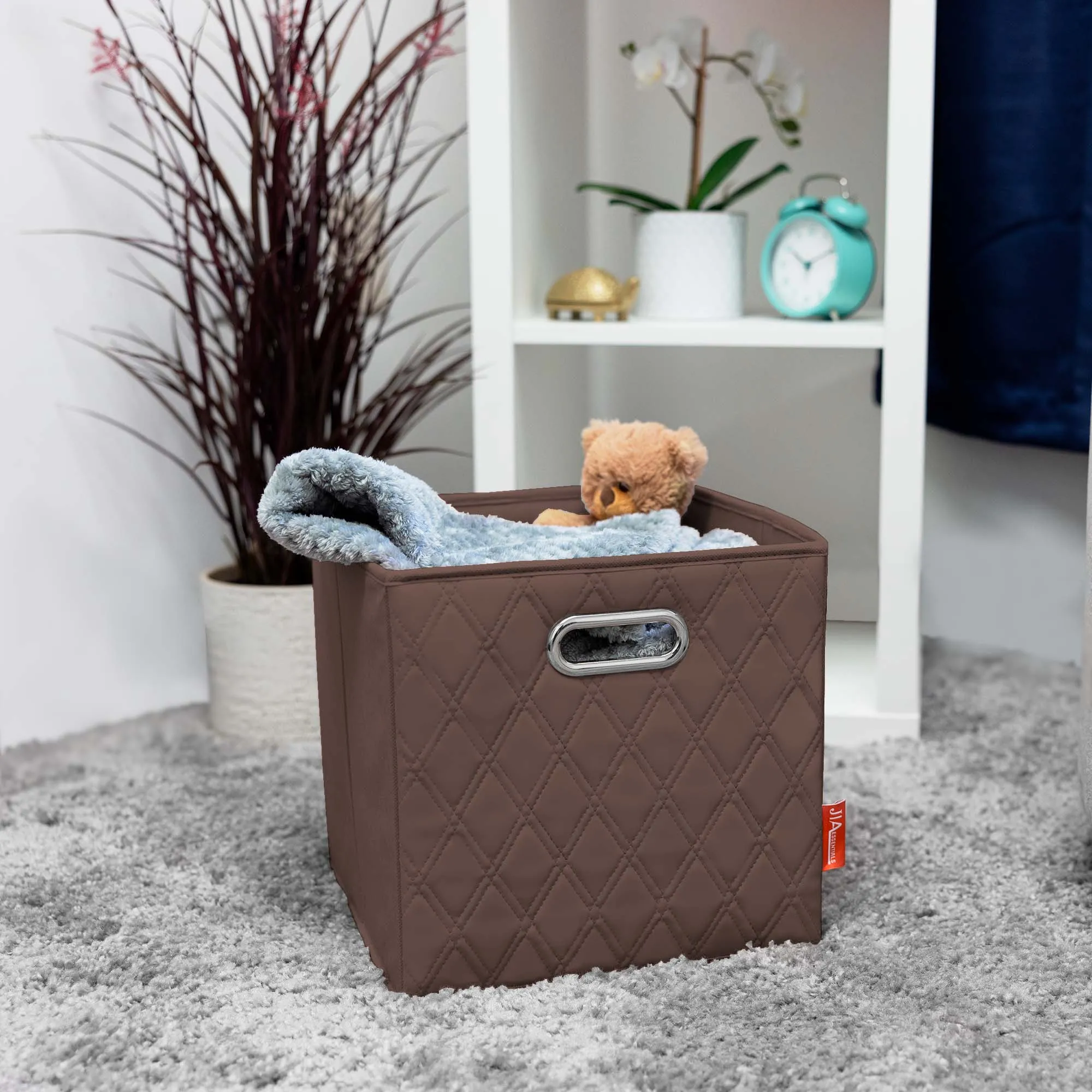 JIAessentials 11 inch Foldable Diamond Patterned Faux Leather Storage Cube Bins Set of Two with Dual Handles - 11" Brown