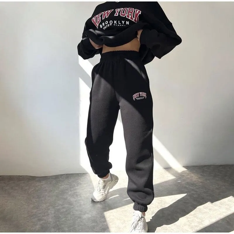 Joskaa Casual Printed Letter Fleece Sweatshirt 2 Piece Set O-neck Top Trousers Women Suit 2024 Autumn Winter  Female Sports Suits