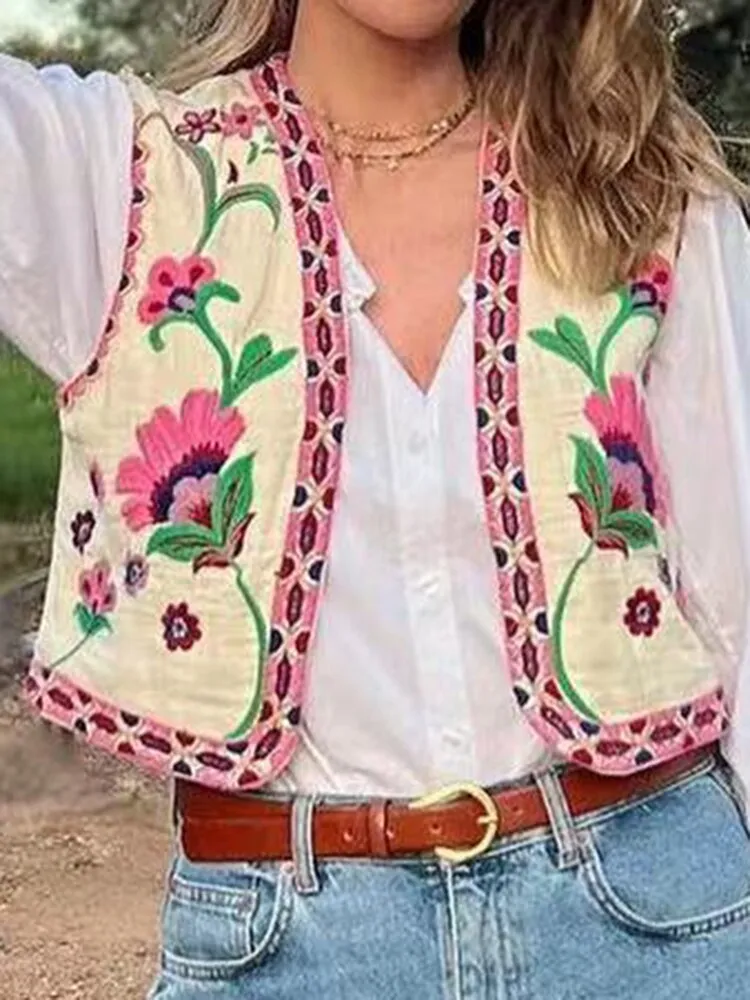 Joskaa Vintage Floral Embroidered Open WaistCoat Women Spring National Style Vest Jacket Outfits Lady Fashion Casual Vacation Crop Top