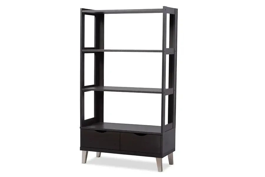 Kalien Dark Brown Wood Leaning Bookcase with Display Shelves and Two Drawers